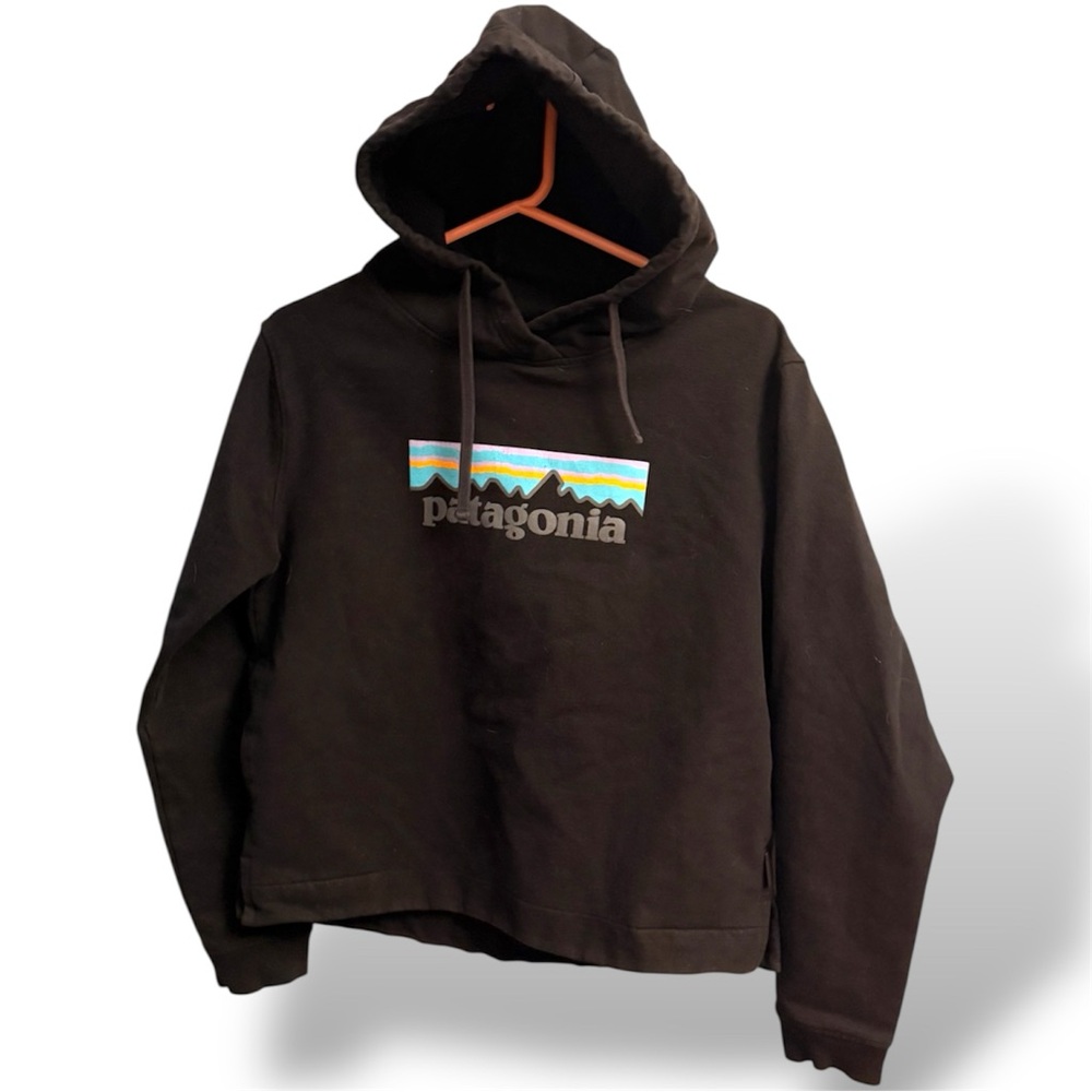 Patagonia Black Crewneck Hoodie with Multicolor Logo has Pockets